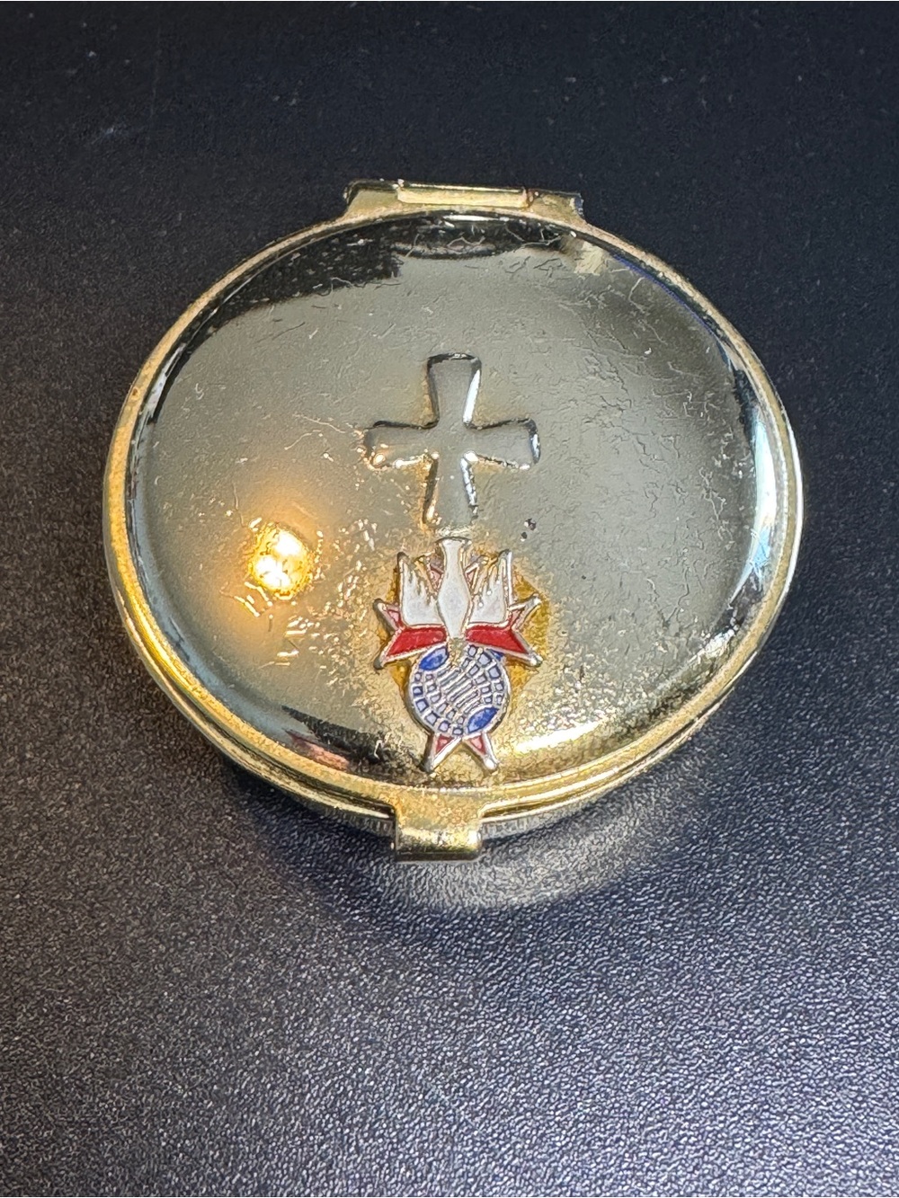 Vintage Brass Catholic Pyx Communion Host Container Holy Spirit Dove Cross